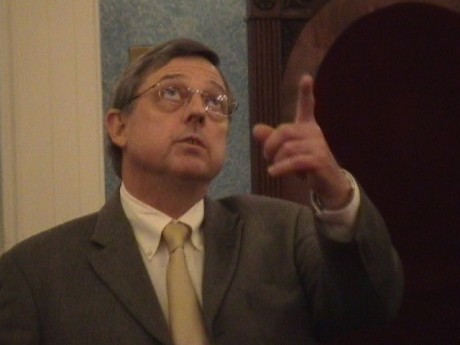 Tour guide in the Royal Arch masonry (4th degree and up) lodge room at Bristol Freemasons Hall, Park Street